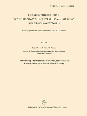 cover image of Entwicklung spektrochemischer Analysenverfahren für technische Gläser und ähnliche Stoffe